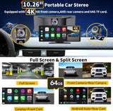 SCUMAXCON Portable Car Stereo Wireless CarPlay Android Auto 4K Dash Cam with Backup Cam Airplay 10.26" IPS Touchscreen Loop Recording GPS Navigation Bluetooth FM AUX Built in Speaker Android Cast