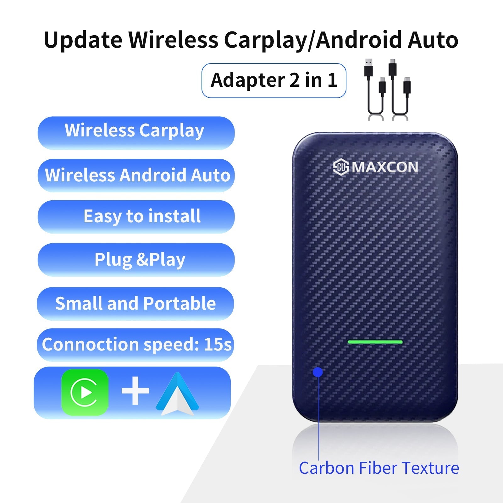 2-in-1 Wireless Apple CarPlay & Android Auto Wireless Adapter, 5.8 GHz  Wireless AA Wireless