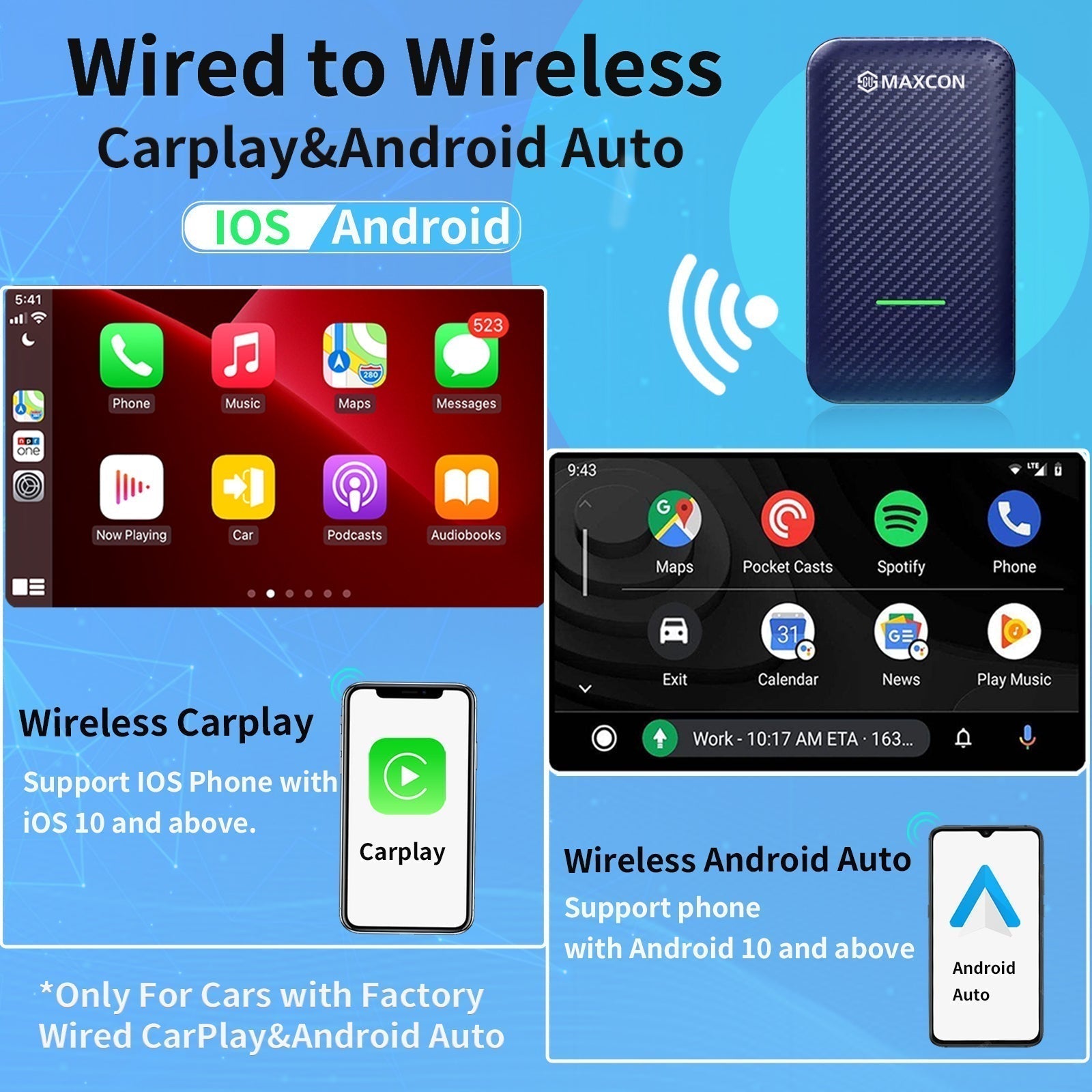 Auto Car Adapter USB-C Wired To Wireless Carplay for Android Auto (B)
